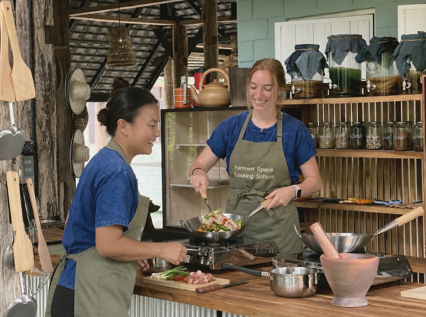 Two students cooking together at the wok station, laughing